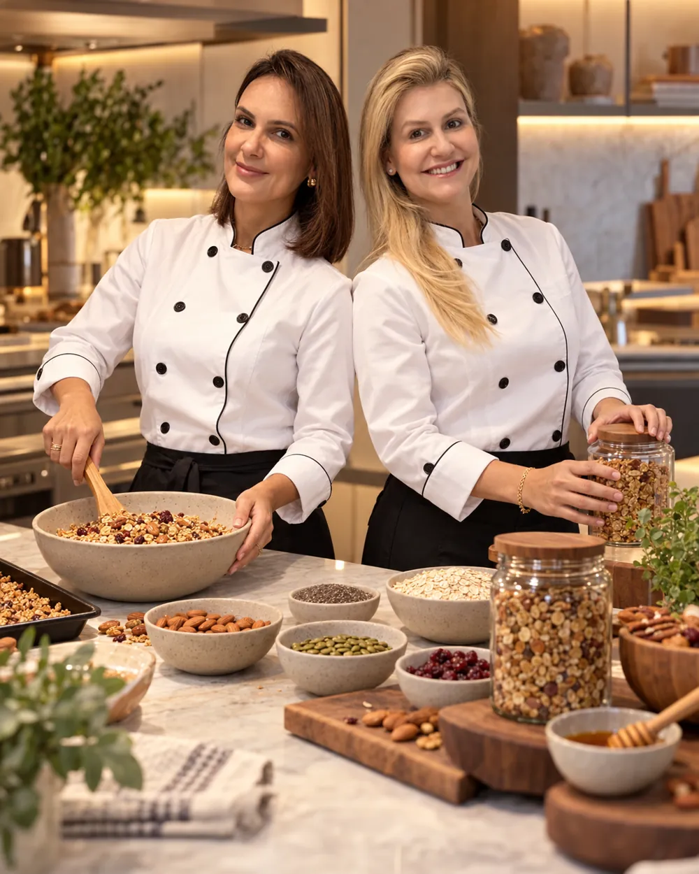 Chefas apresentando a granola artesanal C&V