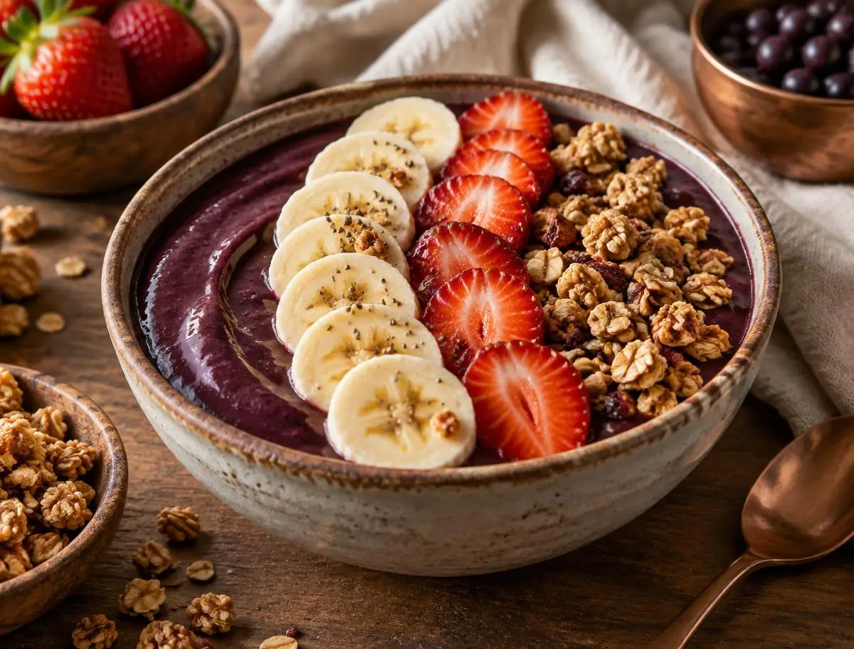 Bowl de açaí cremoso com banana, morangos e granola
