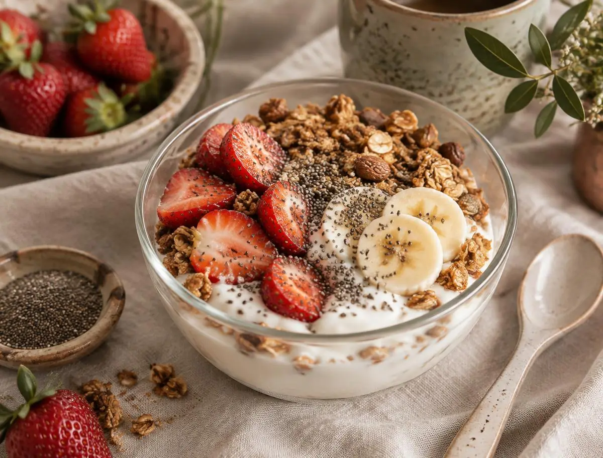 Tigela de iogurte natural com granola, morangos, banana e chia
