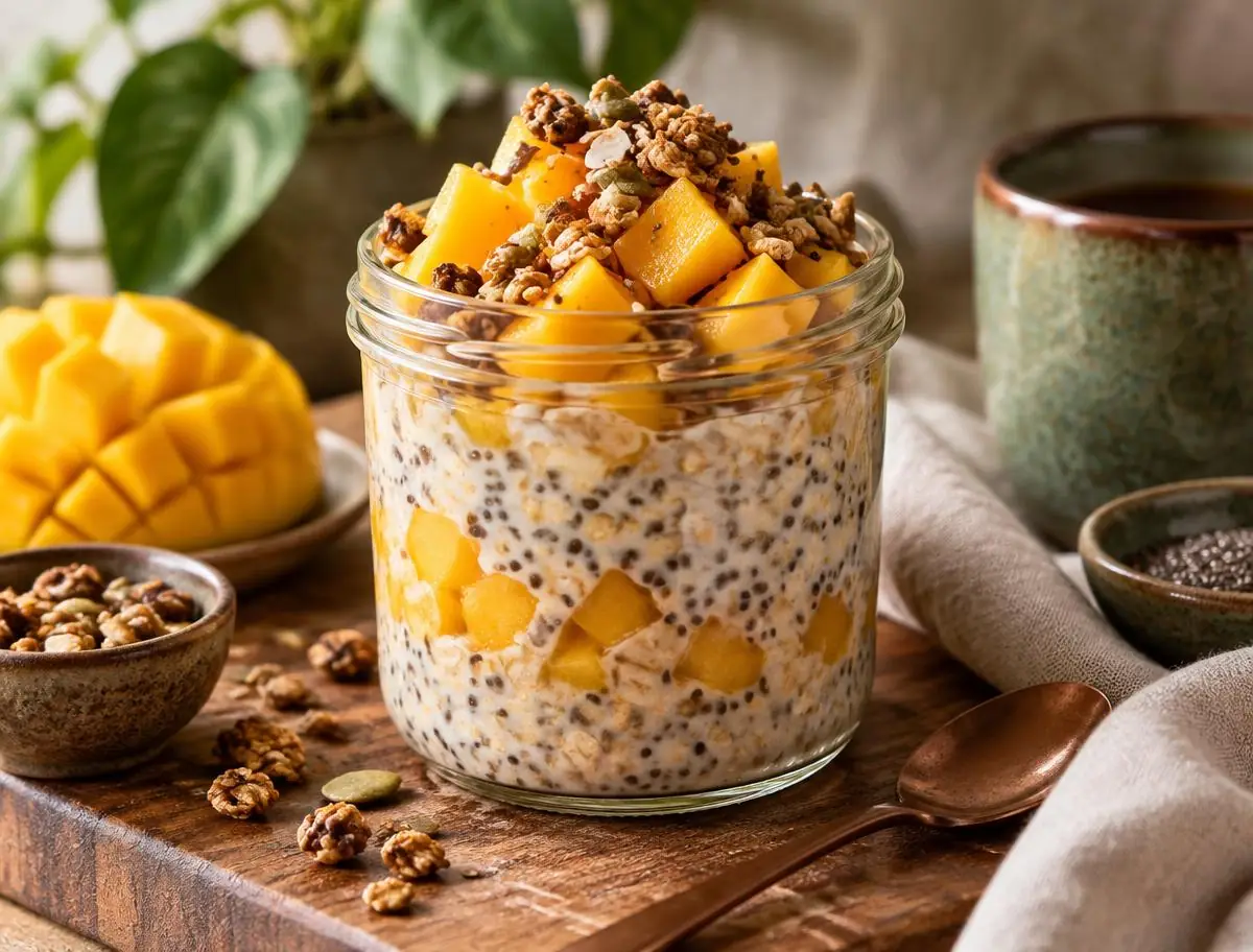 Pote de vidro com overnight oats, manga picada e granola
