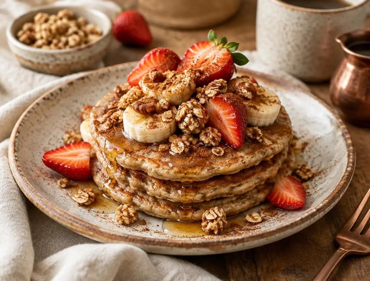 Panquecas de banana douradas com granola, morangos e canela