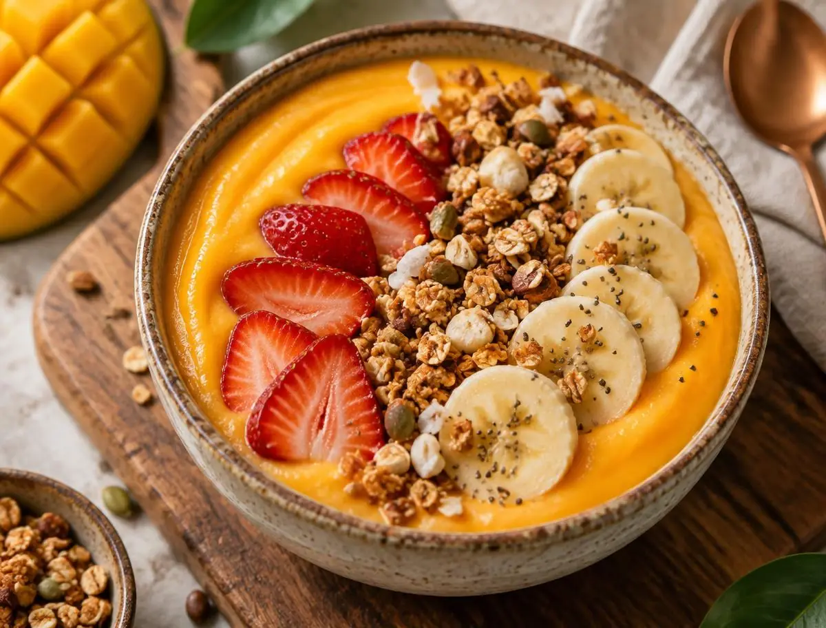 Smoothie bowl de manga com morangos, banana e granola